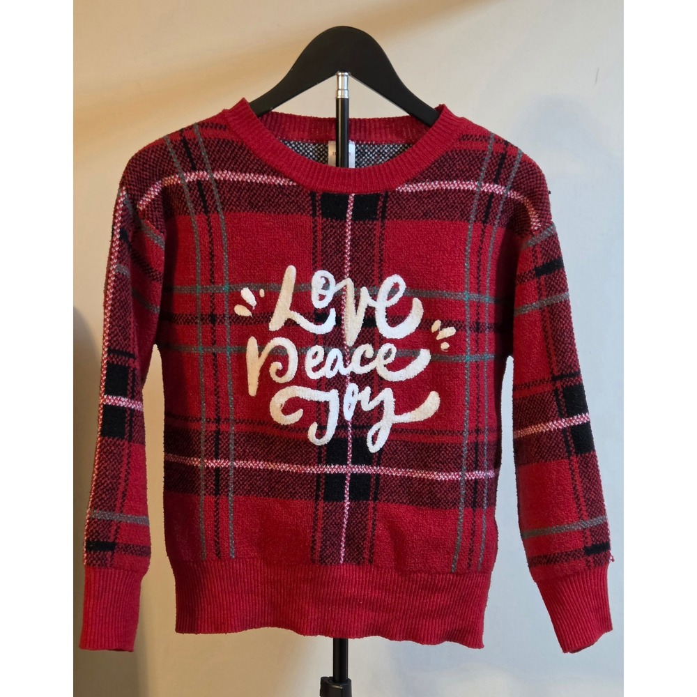 Holiday Time Love Peace Joy Christmas Sweater Womens Size Small 4-6 Red Plaid